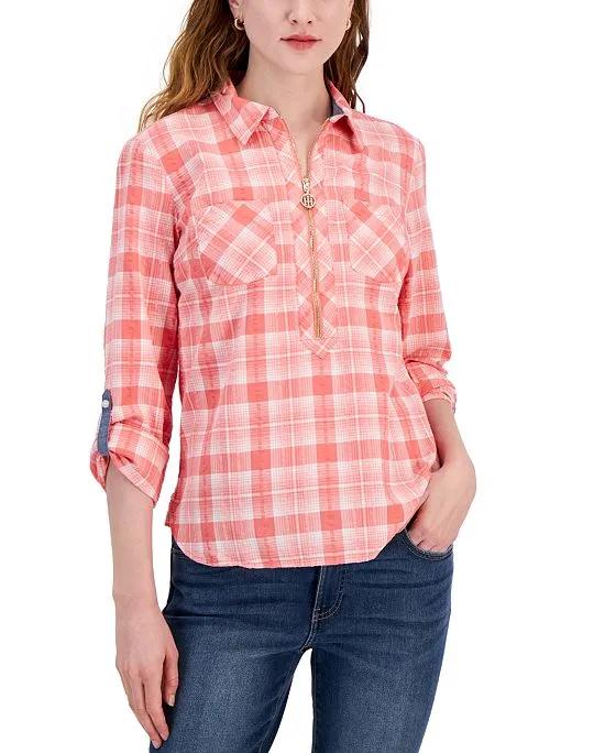 Women's Cotton Plaid Zip Roll-Tab Shirt