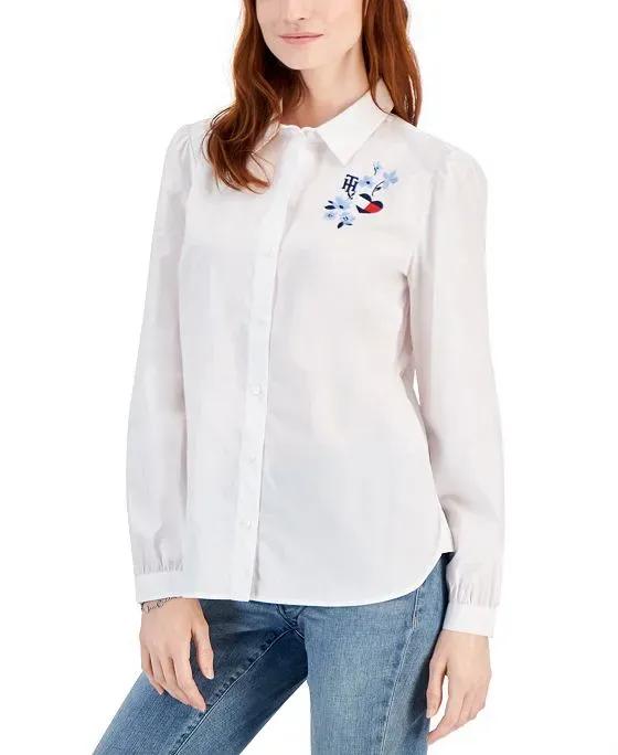 Women's Cotton Puff-Sleeve Embroidered Shirt
