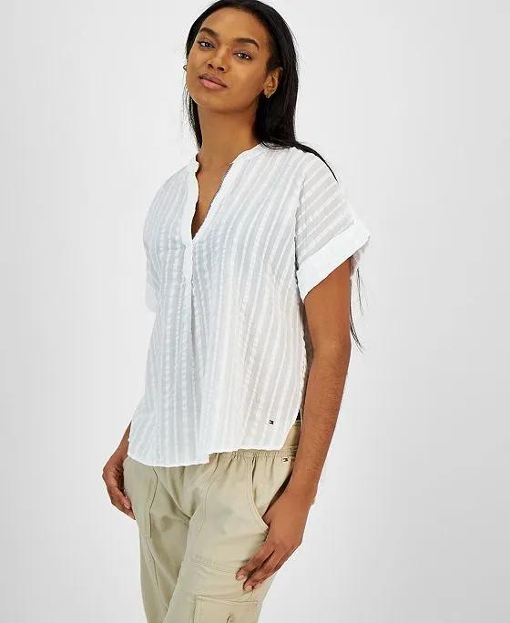 Women's Cotton Seersucker Damask-Stripe Popover Shirt