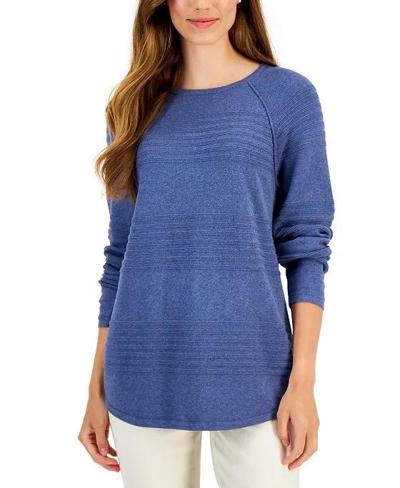 Women's Cotton Textured-Stripe Raglan-Sleeve Sweater, Created for Macy's