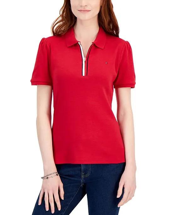 Women's Cotton Zip-Front Short-Sleeve Polo Shirt 