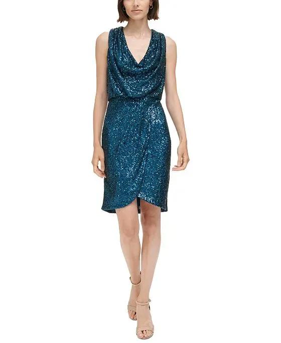 Women's Cowlneck Sleeveless Faux-Wrap Sequin Dress