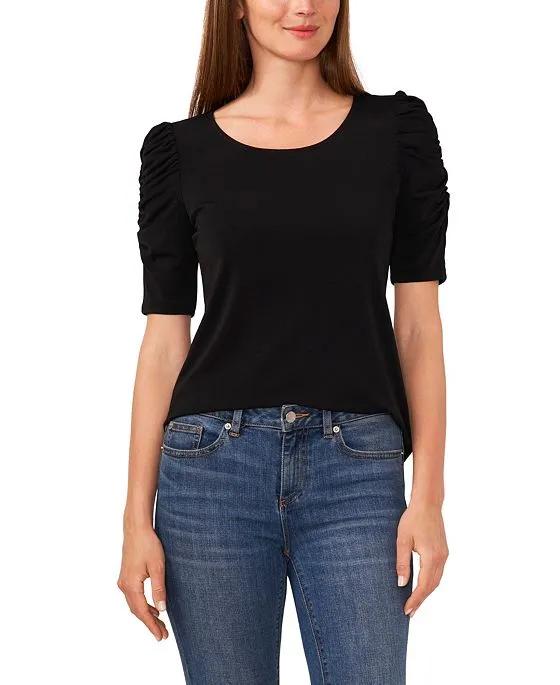 Women's Crew Neck Ruched Elbow Sleeve Knit Top