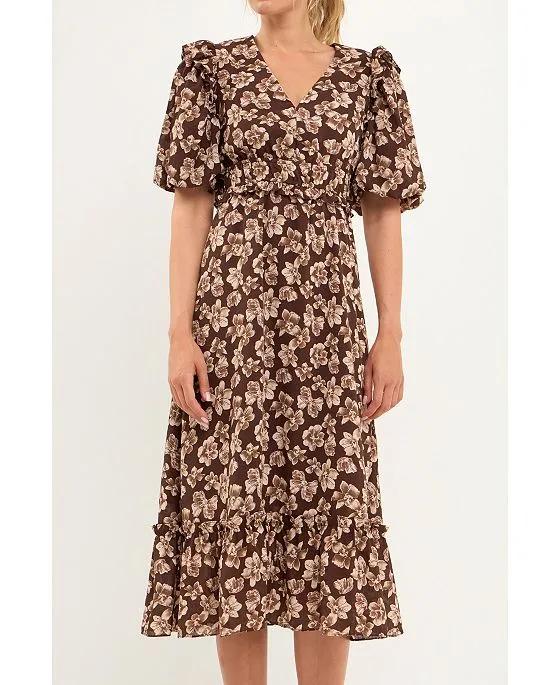 Women's Crinked Floral Puff Sleeve Maxi Dress