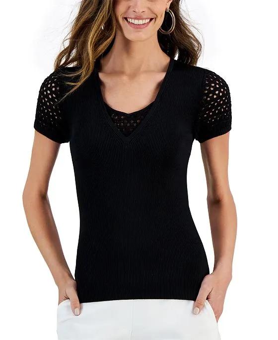 Women's Crocheted-Inset Ribbed V-Neck Top