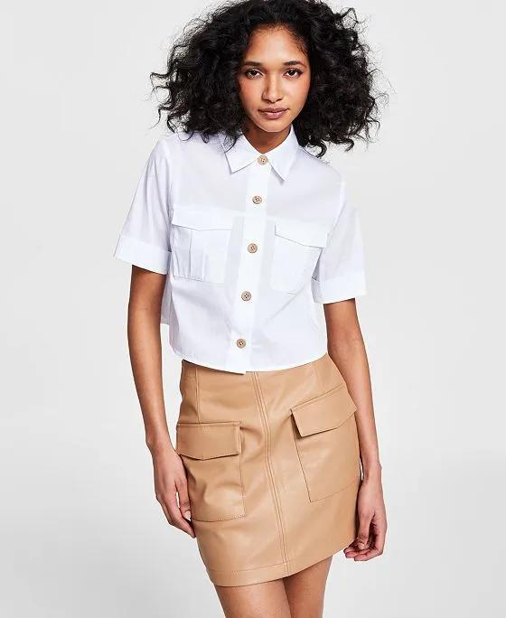 Women's Cropped Cuffed-Sleeve Pocket Shirt, Created for Macy's