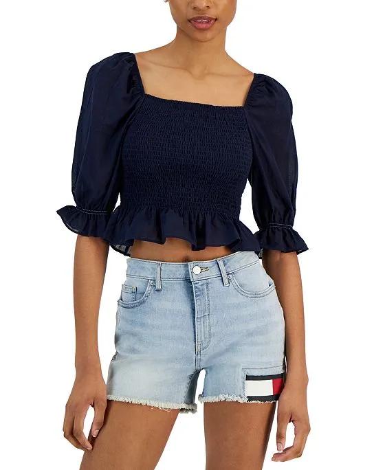 Women's Cropped Smocked Short Sleeve Top 