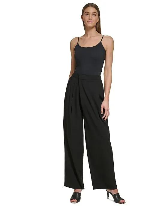 Women's Crossover Pleated Front Wide-Leg Pants