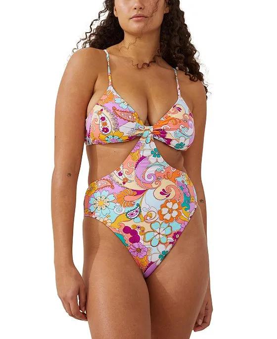 Women's Cutout Knot Printed One-Piece Swimsuit