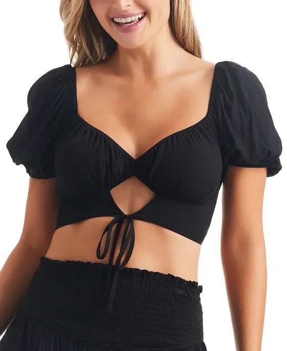 Women's Cutout Tie-Front Puff-Sleeve Top