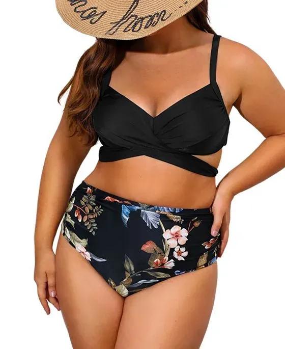Women's Dark Ground Tropicals Bralette & Shirred Plus Size Bikini Set