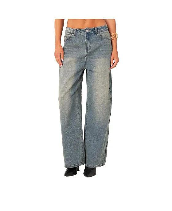 Women's Dirty Wash Low Rise Baggy Jeans