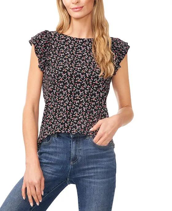 Women's Double Ruffle-Sleeve Printed Knit Top