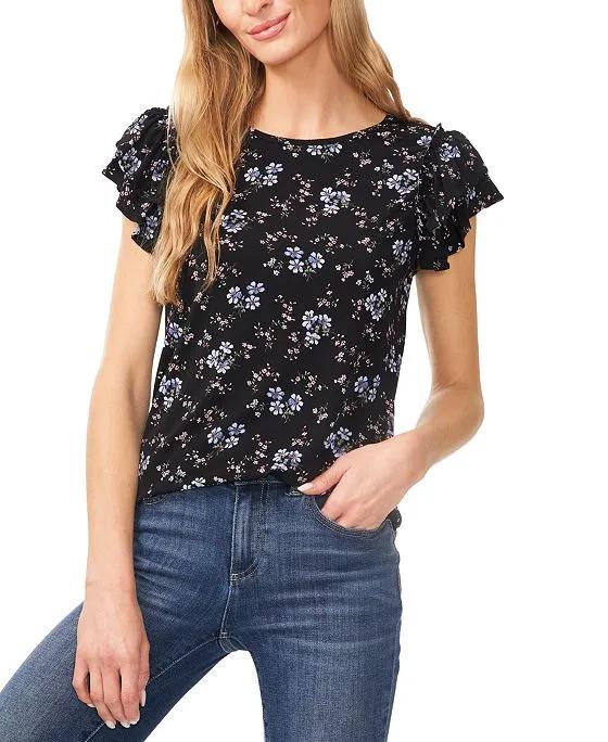 Women's Double Ruffled-Sleeve Floral-Print Top