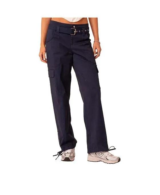 Women's Drill Cargo Pants With Big Pockets, Separate Belt, Woven Tape Detail And Zippers In The Hem