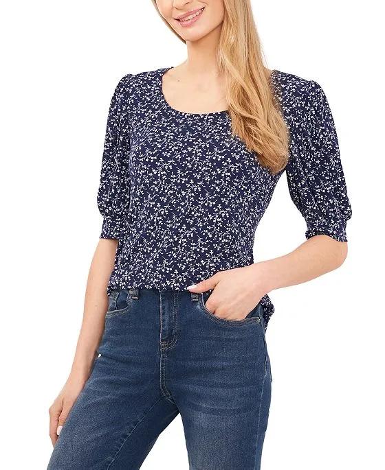 Women's Elbow-Sleeve Floral-Print Puff-Sleeve Top