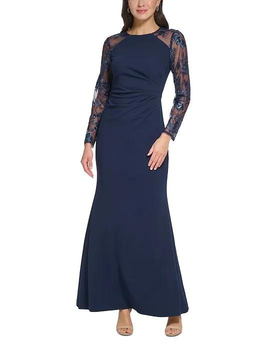 Women's Embellished Combo Side-Ruched Gown