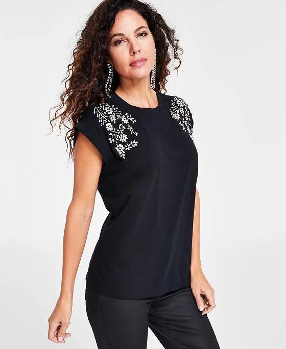 Women's Embellished Shoulder Tee, Created for Macy's