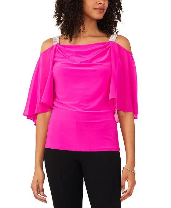 Women's Embellished-Strap Cold-Shoulder Knit to Woven Top