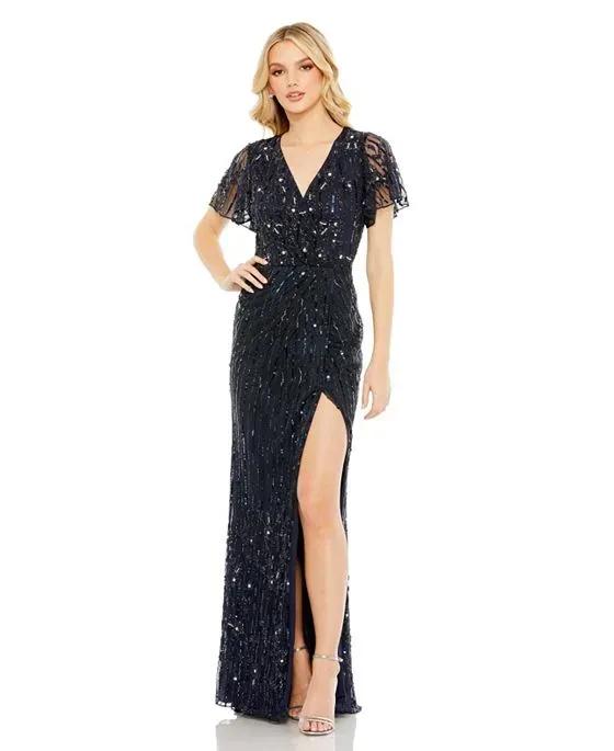 Women's Embellished Wrap Gown With Open Slit