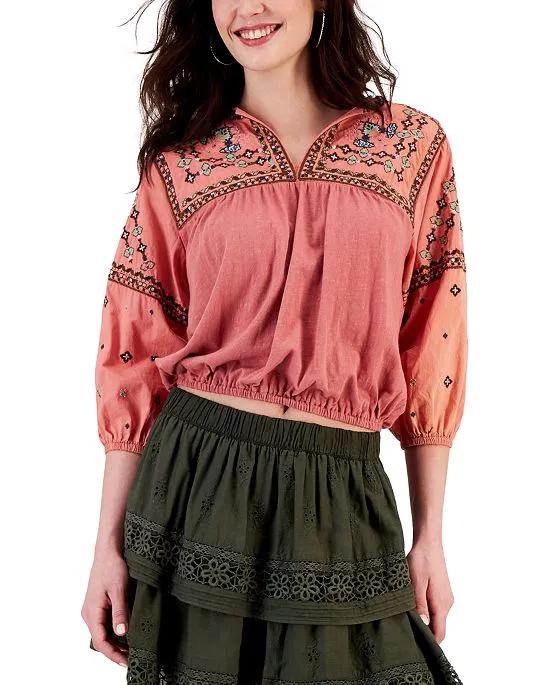 Women's Embroidered Bubble-Hem Peasant Top