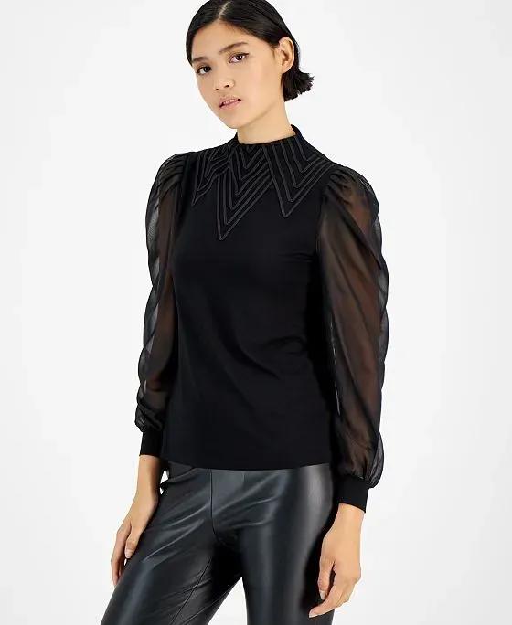 Women's Embroidered Funnel-Neck Sheer-Sleeve Top, Created for Macy's
