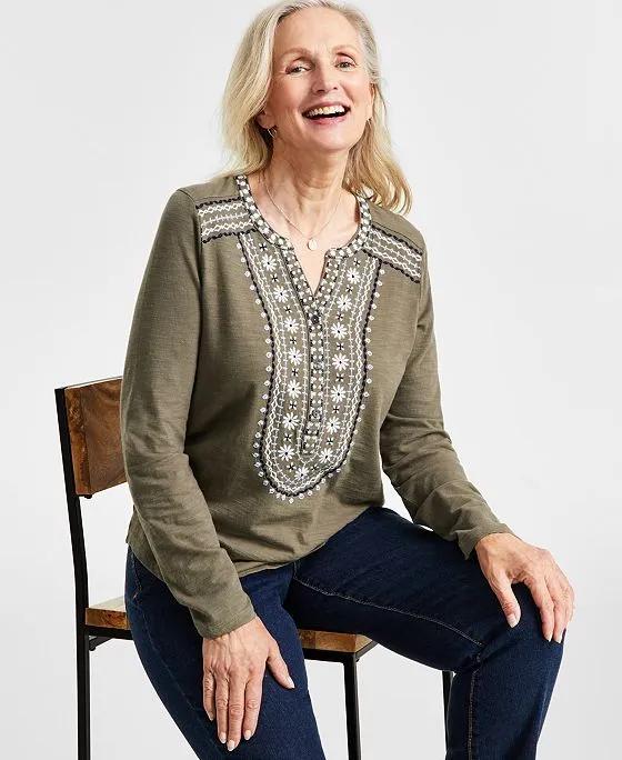 Women's Embroidered Henley Knit Top, Created for Macy's