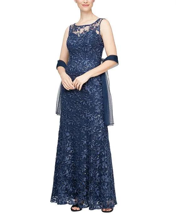 Women's Embroidered Lace Gown & Shawl
