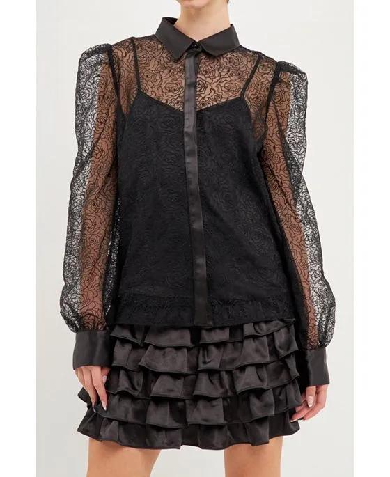 Women's Embroidered Mesh See Through Top