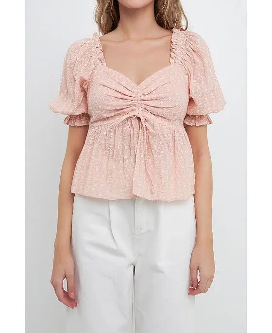 Women's Embroidered Sweetheart Top with Puff Sleeves