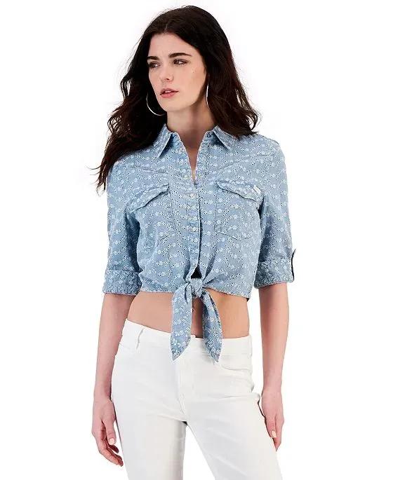Women's Eyelet Tie-Front Sexy Pin-Up Shirt 