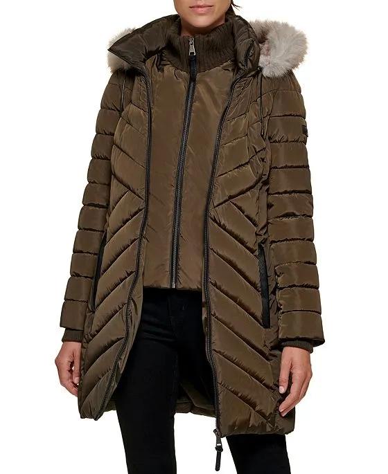 Women's Faux-Fur-Trim Hooded Water-Resistant Puffer Coat