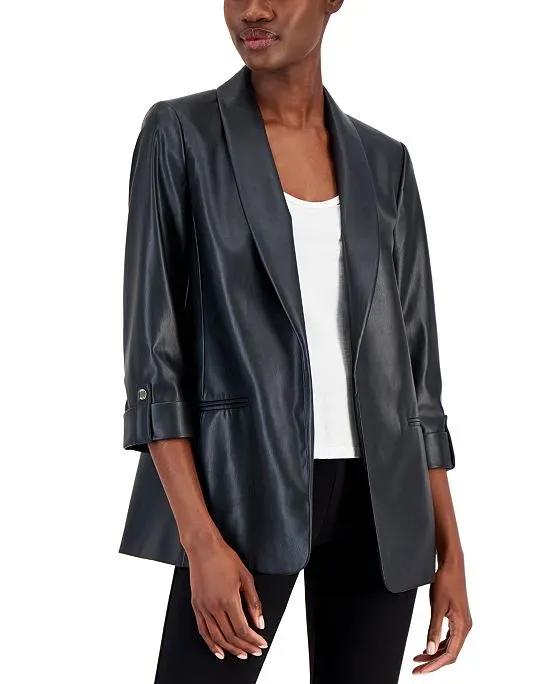 Women's Faux-Leather 3/4-Sleeve Blazer