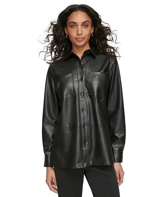 Women's Faux-Leather Button-Front Shirt