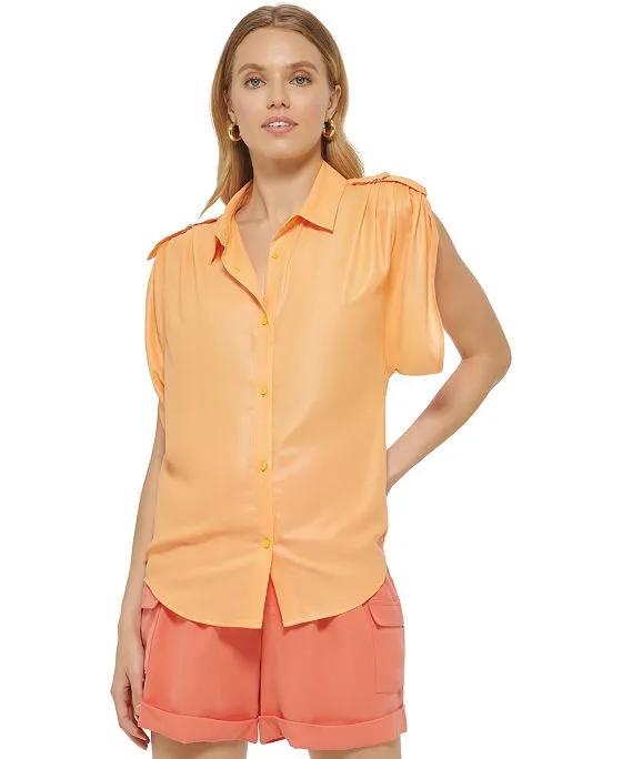 Women's Faux-Leather Button-Up Short-Sleeve Shirt