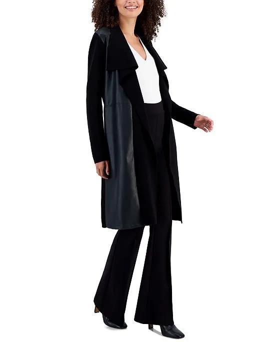Women's Faux-Leather Contrast Self-Tie Cardigan