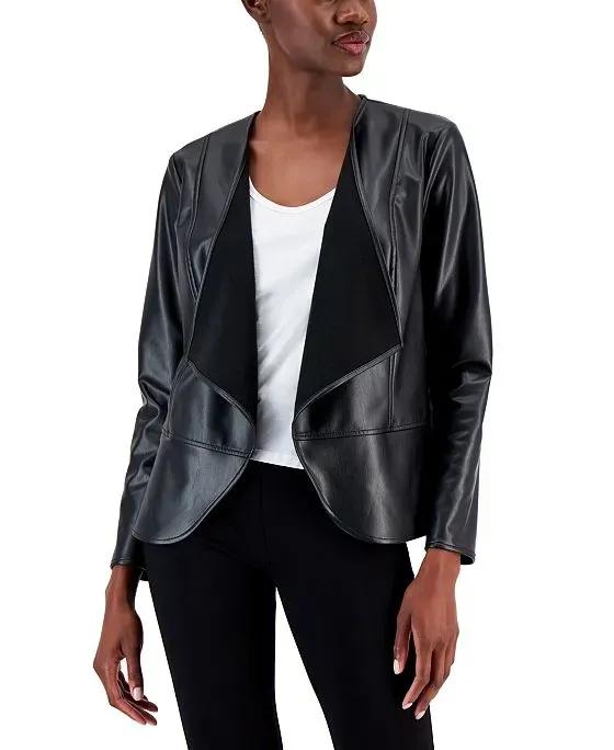 Women's Faux-Leather Drape-Front Peplum Jacket