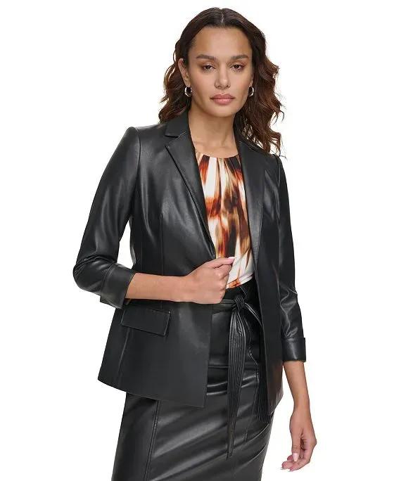 Women's Faux-Leather Open-Front Blazer 