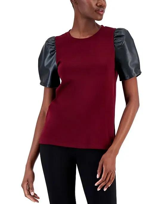 Women's Faux Leather Puff-Sleeve Top