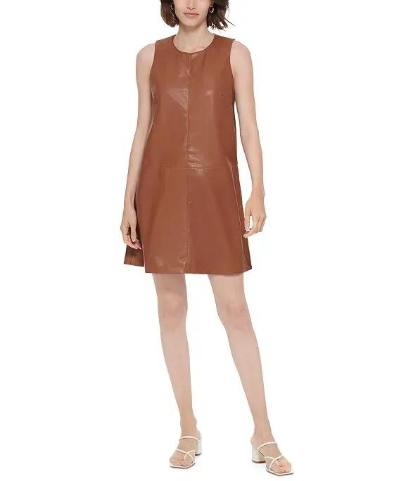 Women's Faux-Leather Sleeveless A-Line Dress