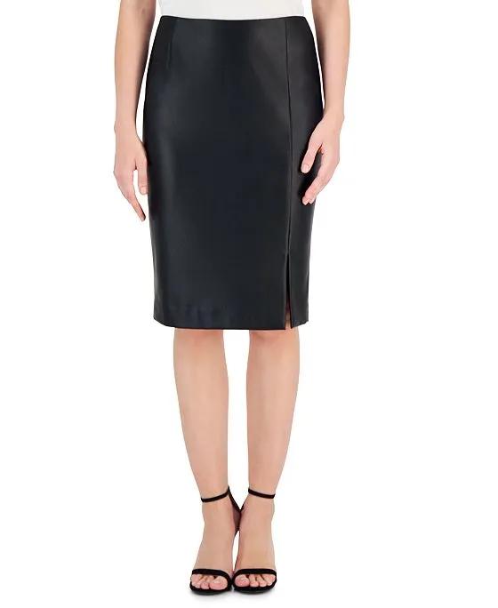 Women's Faux-Leather Slit-Front Pencil Skirt 