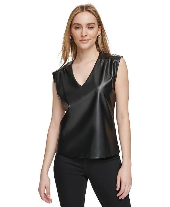 Women's Faux Leather V-Neck Tank Top