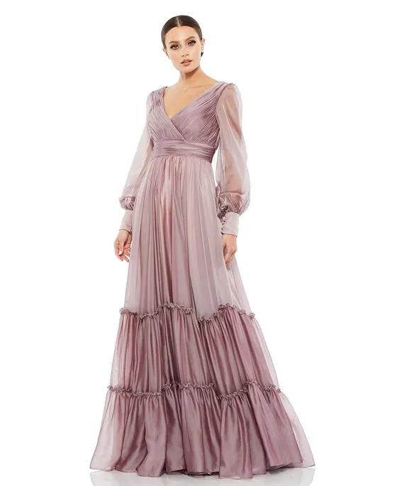 Women's Faux Wrap Illusion Bishop Sleeve Tiered Gown