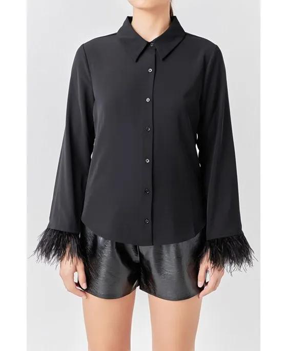 Women's Feather Trimmed Fitted Blouse Top