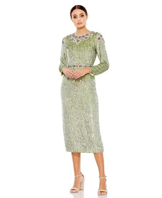 Women's Floral Beaded Tea-Length Dress