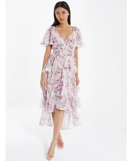 Women's Floral Chiffon Tiered High-Low Dress