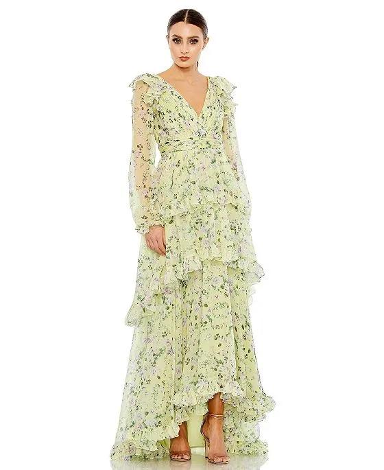 Women's Floral Chiffon Tiered Ruffle Puff Sleeve Gown