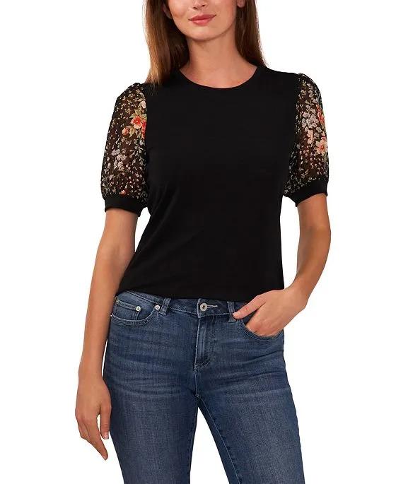 Women's Floral Clip Dot Puff Sleeve Mixed Media Knit Top
