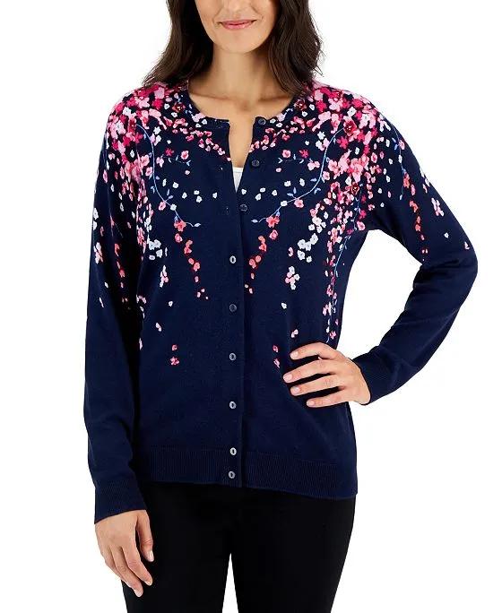 Women's Floral Crewneck Cardigan, Created for Macy's