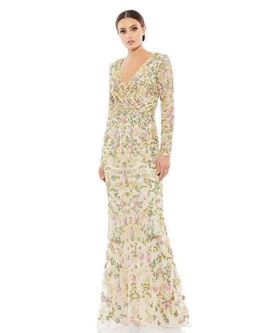 Women's Floral Embellished Faux Wrap Trumpet Gown